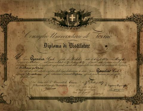 Diploma di distillatore rilasciato a Carlo Gancia dal Consiglio Universitario di Torino nel 1857