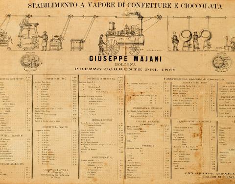 Listino del 1865 – nella parte alta una raffigurazione della locomobile a vapore che permetteva il funzionamento dei macchinari