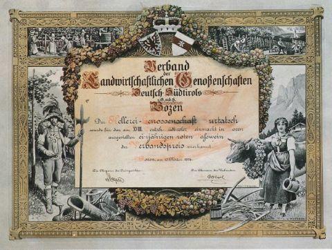 Primo attestato di premiazione per un vino prodotto dalla cantina, 1914