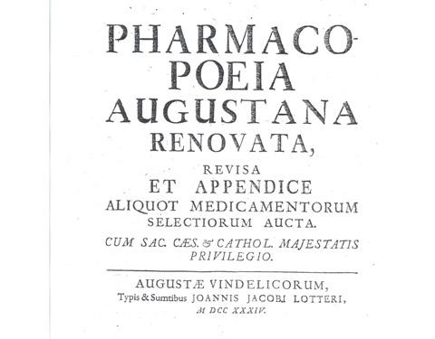 Frontespizio Pharmacopoeia Augustana (1734) ritrovata in una intercapedine della farmacia