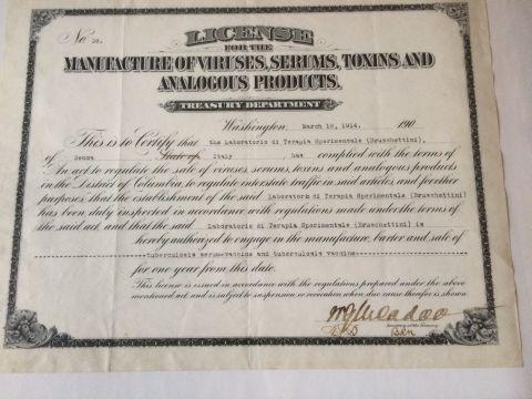 Licenzia alla produzione di prodotti medicinali rilasciata dal Dipartimento del Tesoro degli Stati Uniti d'America, 1914