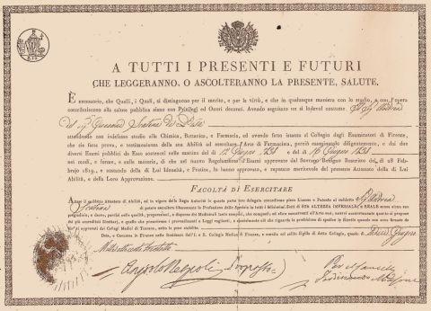 La licenza di “esercitare l’arte di speziale “ rilasciata nel 1838 dal Granduca di Toscana a Andrea Scatena, primo farmacista della dinastia