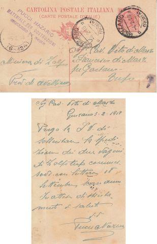 Cartolina postale con timbro dell'impresa, inviata da Nazario Pucci al sig. Vito di Marzo, titolare della miniera di zolfo di Avellino, per sollecitare la spedizione di due vagoni di zolfo tufo commissionati il 18 settembre 1917, 4 febbraio 1918
