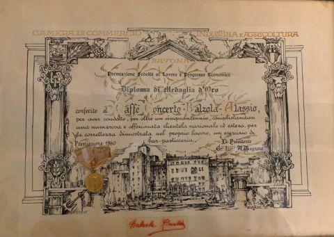 Diploma di medaglia d'oro rilasciato dalla Camera di commercio di Savona, 1960