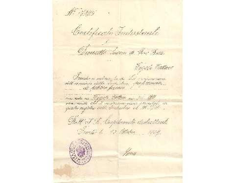 Certificato industriale rilasciato nel 1909 a Saverio De Mattè per l'esercizio della professione di fabbro ferraio in Vigolo Vattaro