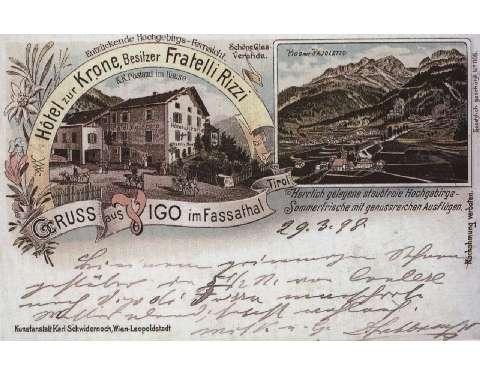 Cartolina illustrata dell'osteria "alla Corona d'oro", viaggiata a fine Ottocento