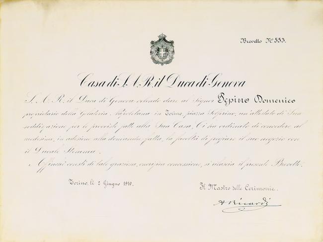 Attestato rilasciato dalla Casa di S.A.R. il Duca di Genova, 2 giugno 1910
