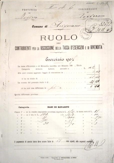 Documento relativo alla riscossione della tassa di esercizio rilasciato dal Comune di Arignano, 30 novembre 1907