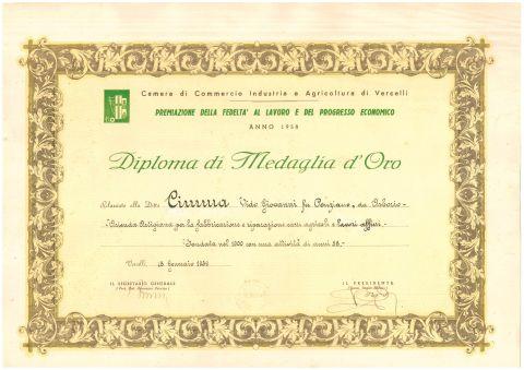 Diploma di Medaglia d'oro rilasciato dalla Camera di commercio di Vercelli, 1959
