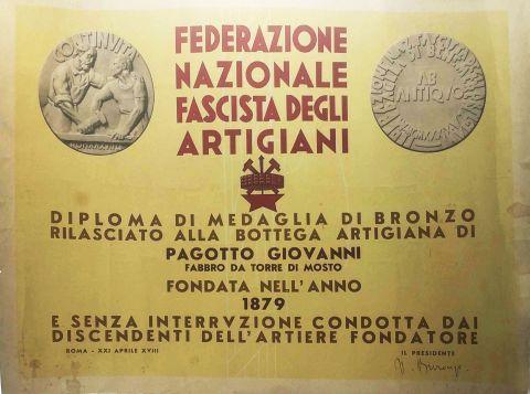 Diploma rilasciato dalla Federazione nazionale fascista degli Artigiani, 1940