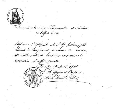 Dichiarazione di idoneità a concorrere alle aste di lavori per costruzioni murarie ed affini rilasciata dall'Amministrazione provinciale di Roma, 1904