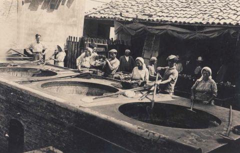 Cottura dei tranci di tonno nello stabilimento della Marina di Pizzo. A sinistra, con la cravatta a farfalla, Giacinto Callipo, 1923