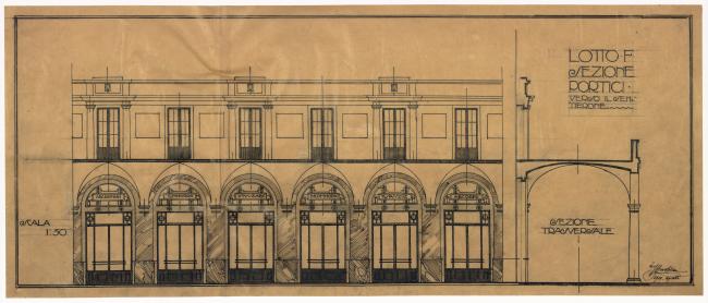 Progetto architetto Luigi Angelini, Sezione trasversale Portici verso il Sentierone, agosto 1920 (Archivio storico aziendale)