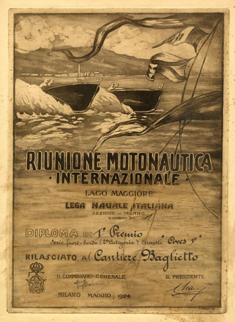 Diploma conseguito alla Riunione Motonautica Internazionale sul Lago Maggiore, 1924 