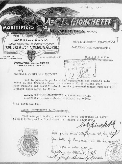 Comunicazione al Consiglio provinciale dell'Economia del decesso di Domenico Gionchetti, 1937