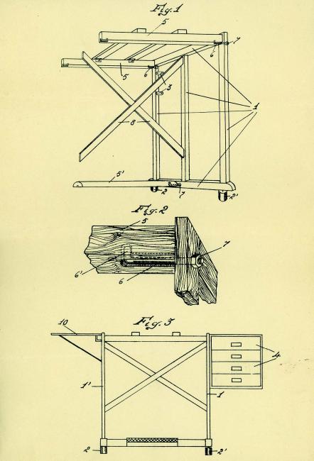 Disegno tecnico della scrivania smontabile. Il brevetto ottenuto ha avuto validità 1941-1945