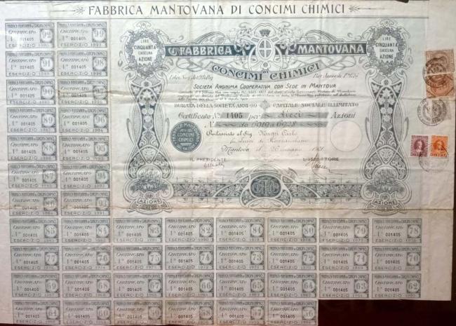 Certificati azionari della “Società Cooperativa Fabbrica Mantovana Concimi Chimici” acquistati da Carlo Magri a garanzia del prestito agrario dell’epoca, con il quale iniziò l’attività agricola, 26 maggio 1921