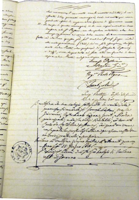 La firma dell'Ing. Paolo Pigna sull'atto costitutivo della società, 1839
