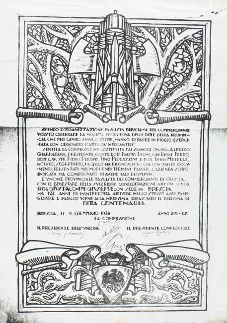 Diploma di Ditta Centenaria assegnata alla Ditta Giustacchini dall'Unione dei Commercianti bresciani, 1938. Brescia, Archivio Storico Giustacchini.