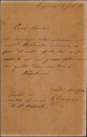 Lettera di ringraziamento di Giuseppe Garibaldi per la nomina a Presidente onorario, Caprera 5 febbraio 1866