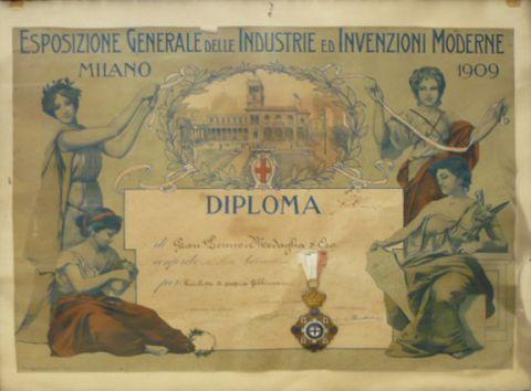 Diploma di medaglia d'oro rilasciato alla Esposizione generale delle Industrie ed Invenzioni moderne di Milano, 1909
