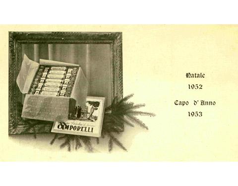 Pubblicità natalizia della Camporelli - cassetta in legno con coperchio scorrevole (primi anni Cinquanta)