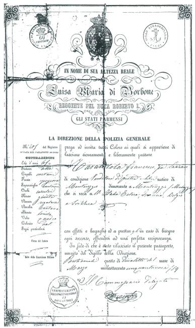 La licenza rilasciata nel 1859 dalle autorità di polizia del Ducato di Parma a Francesco Tarantola, ascendente dell'attuale titolare Giorgio Tarantola