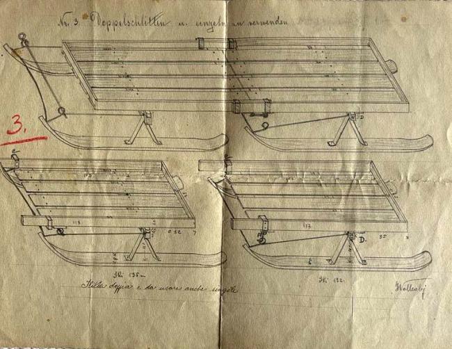 Disegno della slitta da trasporto, realizzato dal fondatore Giovanni Valle, primi anni del Novecento