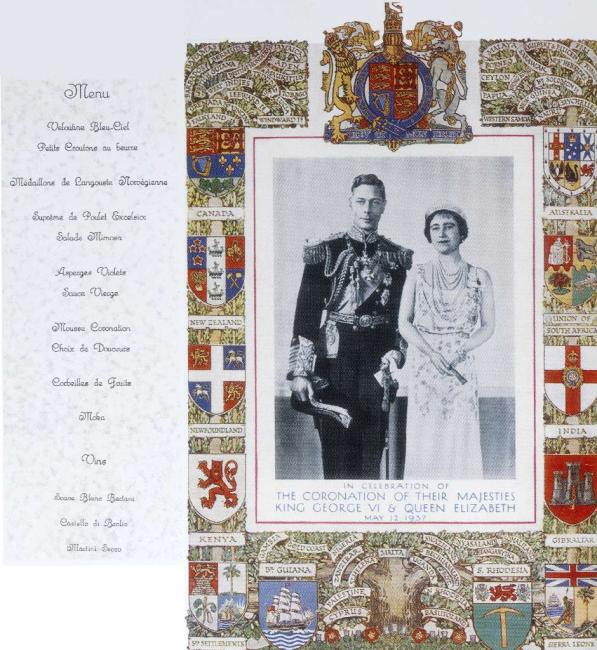 Menu dell'incoronazione di Sua Maestà Giorgio VI e della Regina Elisabetta, 1937