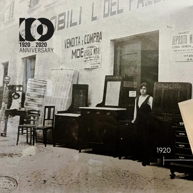 Lodovico del Fabbro davanti al suo primo negozio in cui sistemava materassi e barattava arredi, anni Venti del Novecento 