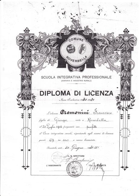 Diploma di Francesco Cremonini alla scuola di agraria e industrie rurali (1931)