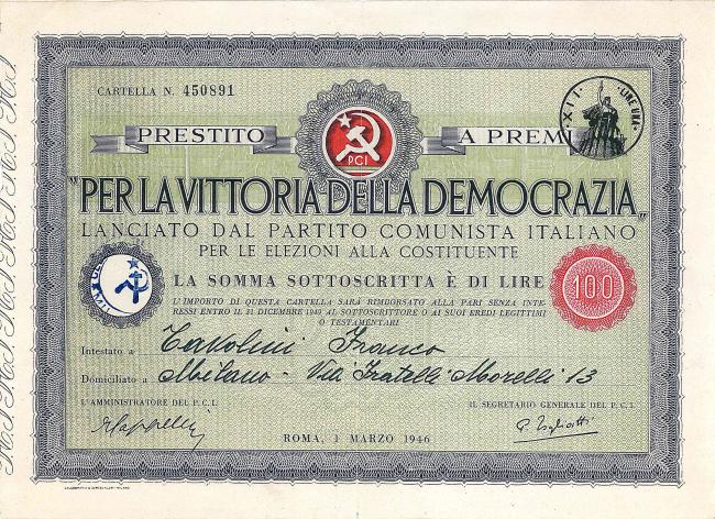 Ricevuta del prestito per le elezioni alla costituente sottoscritto al PCI nel 1946