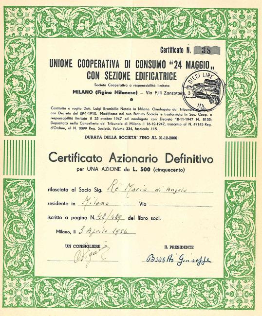 Certificato azionario di 1 azione (1956)