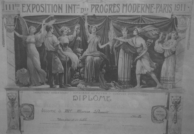 Diploma alla III Esposizione internazionale del progresso moderno di Parigi del 1911