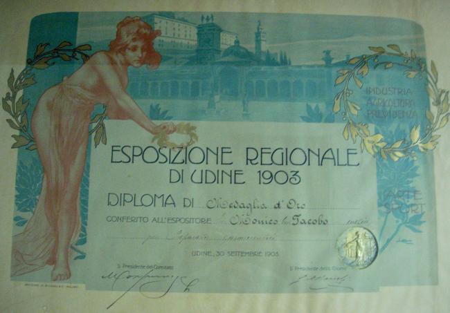 Diploma di Medaglia d'Oro all'Esposizione di Udine, 1903