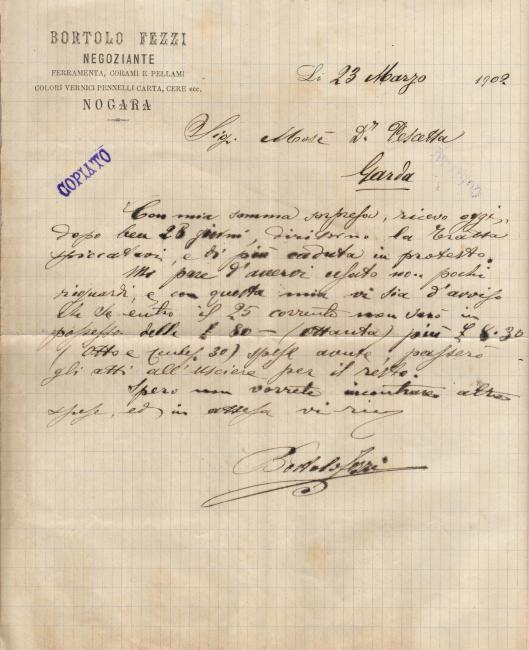 Lettera commerciale datata 23 marzo 1902 scritta e firmata da Bortolo Fezzi