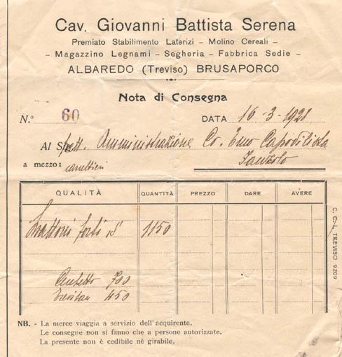 Nota di consegna, 1921